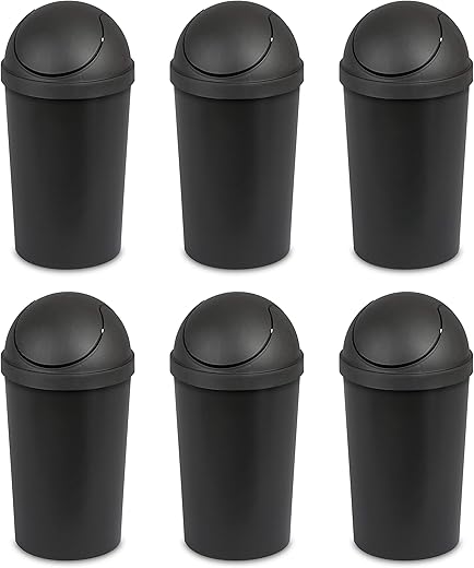 sterilite 3 gallon round swingtop wastebasket with lid, small plastic trash can for the bathroom, bedroom, dorm or home office, black, 6 pack Sterilite 3 Gallon Round SwingTop Wastebasket with Lid, Small Plastic Trash Can for the Bathroom, Bedroom, Dorm or Home Office, Black, 6-Pack