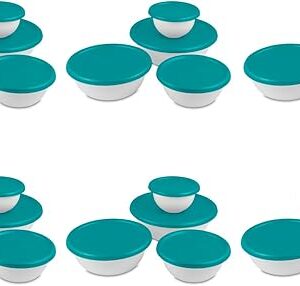 Sterilite 8-Piece Covered Bowl Set, 4 Plastic Bowls Ranging in Size w/ 4 Lids, Food Storage, Dishwasher and Microwave Safe, White and Teal lid, 6-Pack