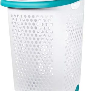 Wheeled Design Clothes Laundry Basket, 70.52 Liter Capacity Mind Reader Basket Collection, 2 Bushel Rolling Plastic Laundry Hamper with Pop-up Handle, White, Large